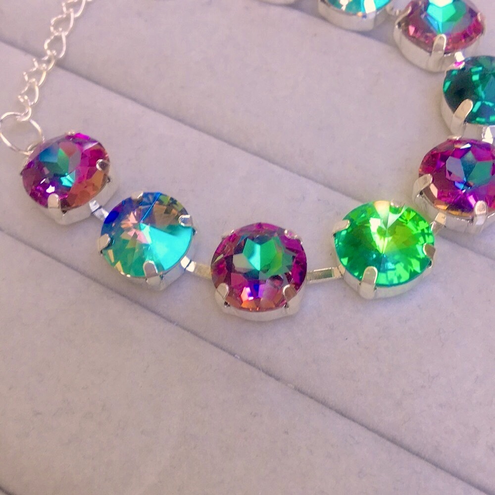 Iridescent Emerald + Fuchsia Heliotrope Silver Crystal Tennis Bracelet - Picture 3 of 8